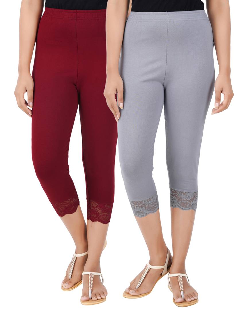 Reliable Cotton Blend Solid Skinny Fit 3/4 Capris Leggings For Women-Pack of 2
